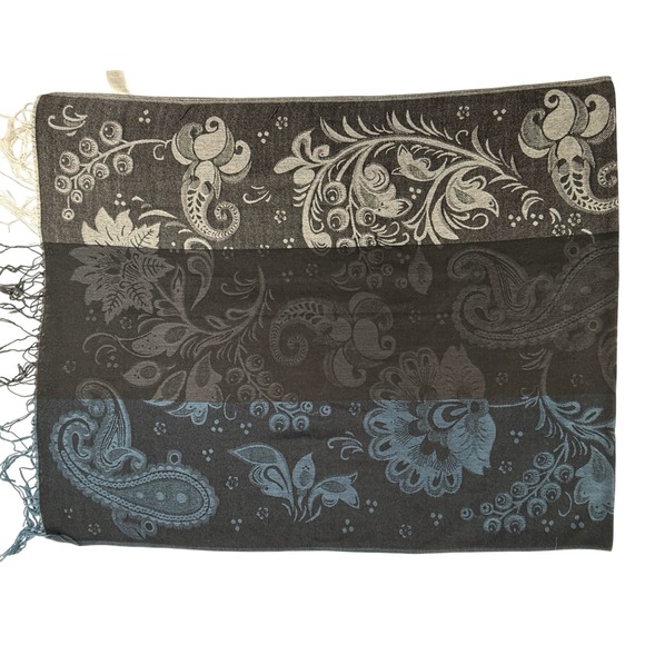 West Loop Monochrome Patterned Scarf Wrap Dark Blue Black Gray with Fringe - Picture 1 of 10